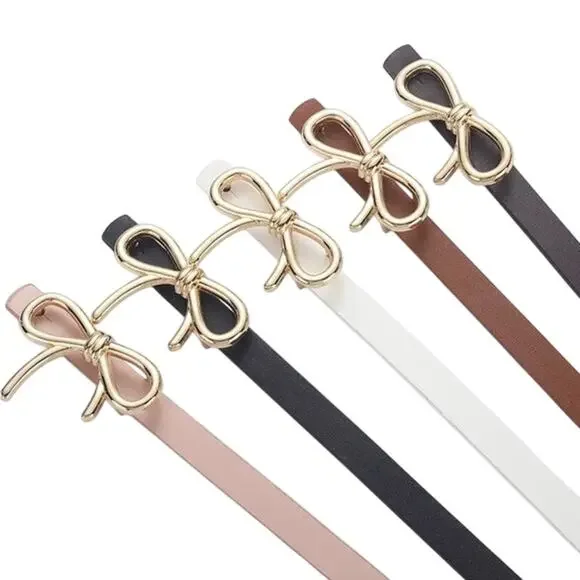 2/$30 Bow Belt NEW Black 27"-35" Gold Bow Adjustable Vegan Leather 40" Total - Picture 4 of 8